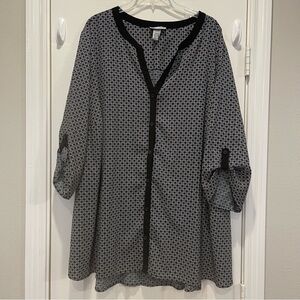 Catherines Button Up Blouse Women’s 3XL Roll Tab Sleeves White Blue Black Career